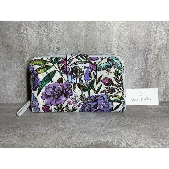 Vera Bradley Wallet Womens Lavender Meadow Iconic RFID Turnlock Floral Cottage - Picture 1 of 13